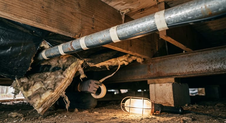Heating cable taped straight along the underside of a metal water supply line under a mobile home, with the belly wrap cut open and insulation pulled back.