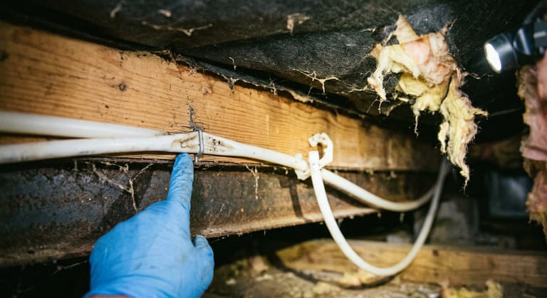 A plastic water supply line crushed by a tight staple against a floor joist under a manufactured home, with a second line sagging out of its clip.
