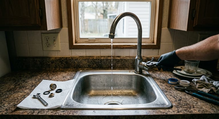 A thin weak stream of water running from a kitchen faucet in a mobile home, with the removed aerator screen lying on the counter beside it.