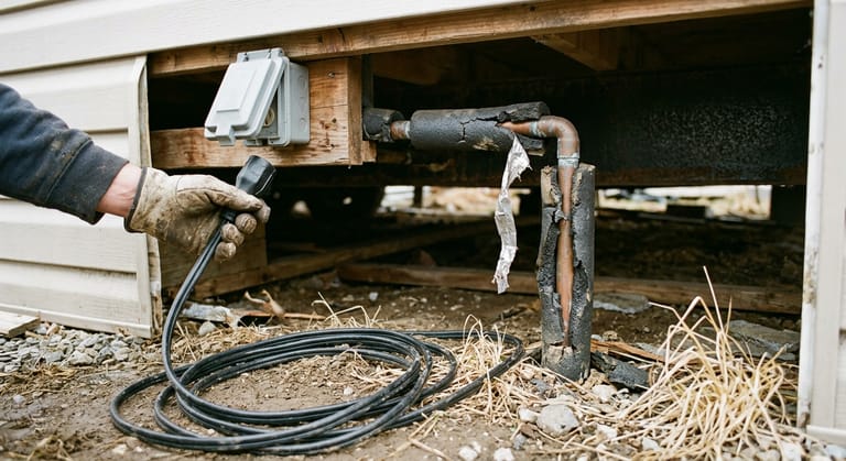 A coil of pipe heating cable and its plug beside the water inlet riser and an underfloor receptacle on a manufactured home.