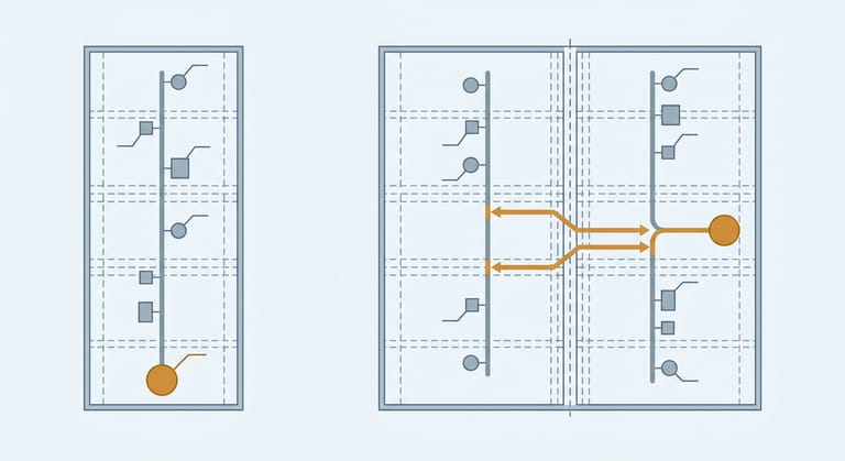 Flat diagram comparing the drain layout of a single section mobile home with a double section joined by crossovers feeding one shared outlet.