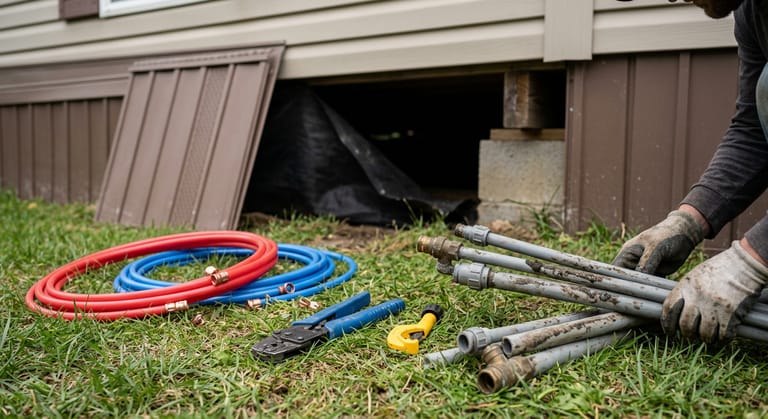 Coils of new red and blue PEX with a crimp tool on the grass beside lengths of old gray polybutylene pipe cut out from under a manufactured home.