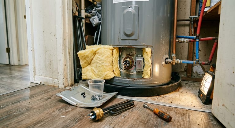 An open access panel on an electric water heater showing the heating element and thermostat, with a replacement element lying on the floor.