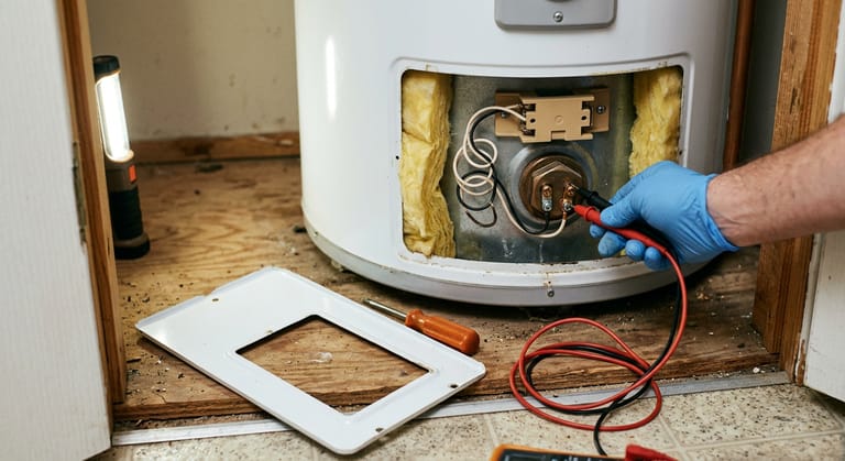 Gloved hand testing the terminals of a water heater heating element and thermostat with multimeter probes behind a removed side access cover.