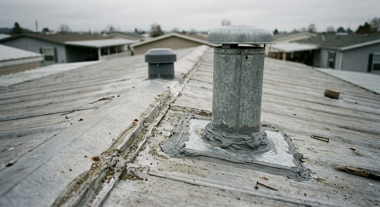 A round galvanized water heater roof jack with a rain cap and sealed flashing collar on the metal roof of a manufactured home.