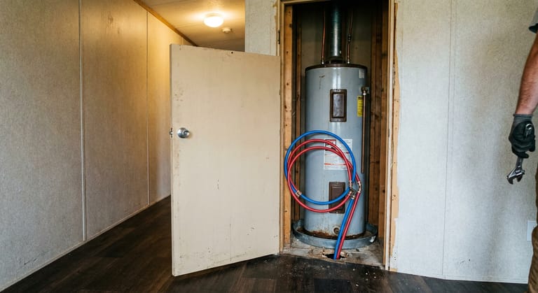 A compact water heater filling a narrow hallway closet in a manufactured home, with PEX supply lines entering the side of the tank.