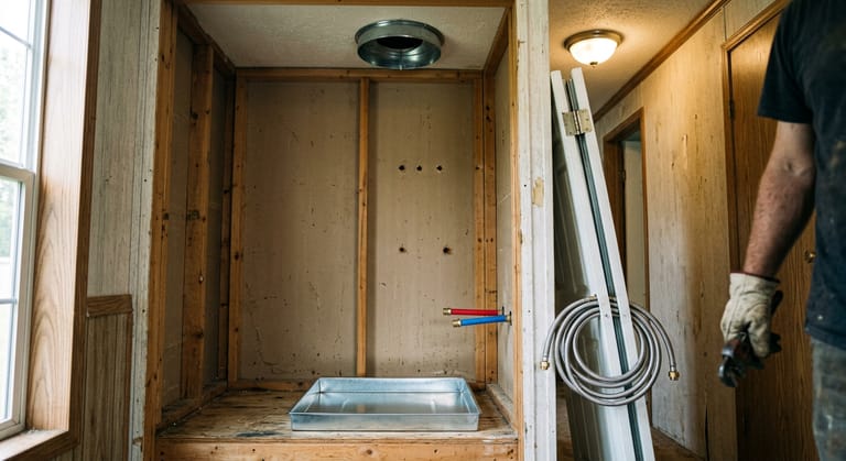 An empty mobile home water heater compartment with a new drip pan, capped PEX stubs on the side wall and a round vent collar overhead.