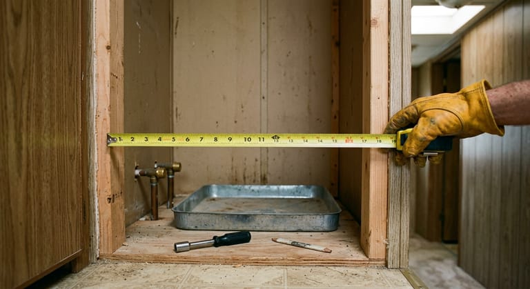 A gloved hand measuring the inside width of an empty water heater closet in a mobile home with an inch tape stretched between the studs.