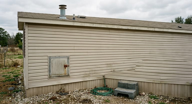 The exterior wall of a manufactured home with a low utility hatch, vinyl skirting along the ground and small vent caps on the roof above.