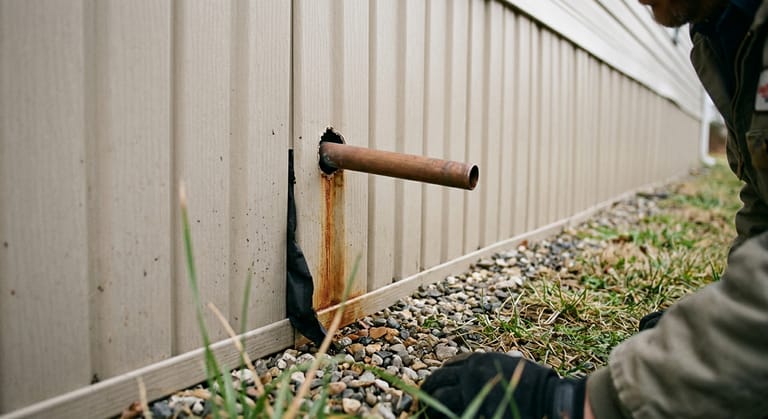 A water heater relief discharge pipe leaving the skirting of a manufactured home and ending a short distance above the ground.