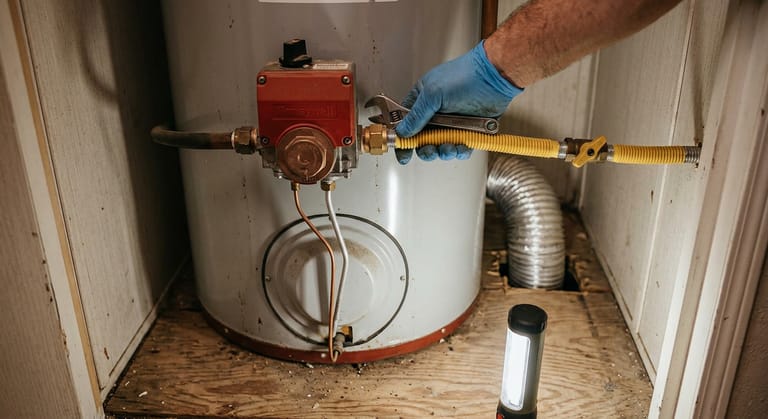 Close view of a gas control valve, thermocouple and sealed burner cover at the base of a mobile home water heater with the gas shutoff lever closed.