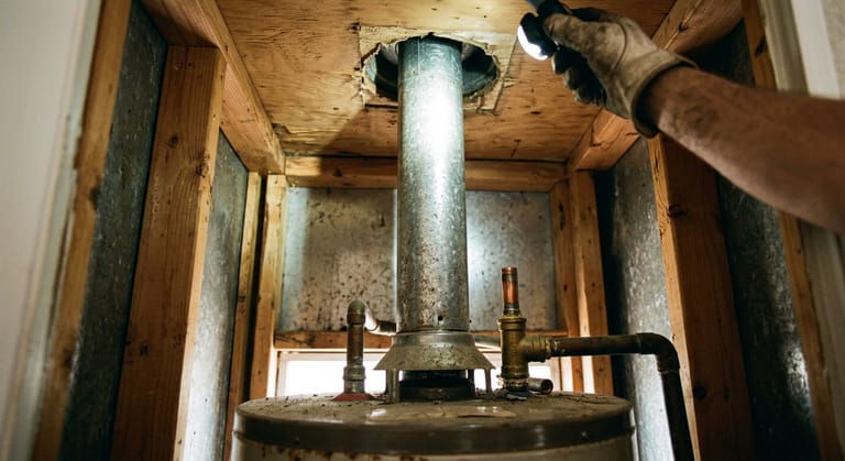 A metal vent pipe rising from the top of a water heater and passing through the ceiling of a cramped manufactured home compartment.