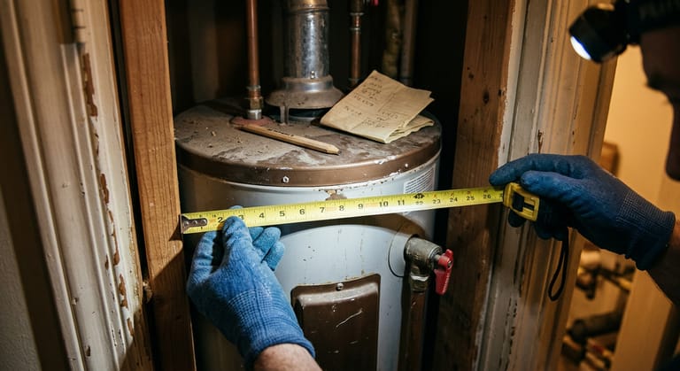 Gloved hands measuring the diameter of a water heater tank with a steel tape inside a narrow closet opening.