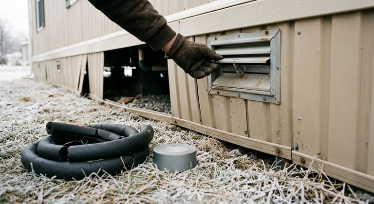 A gloved hand closing the louver on an adjustable skirting vent at the base of a manufactured home on a frosty morning.
